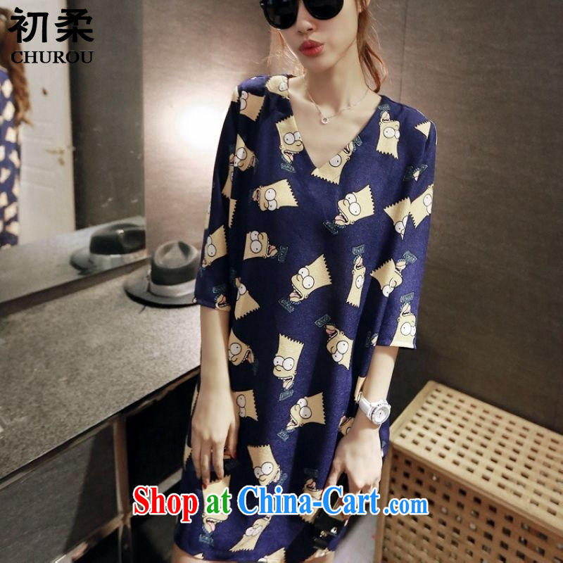 Flexible early summer 2015 Korean version of the greater code female quality loose larger version card pattern V collar solid dress dresses 200 jack to wear picture color XL