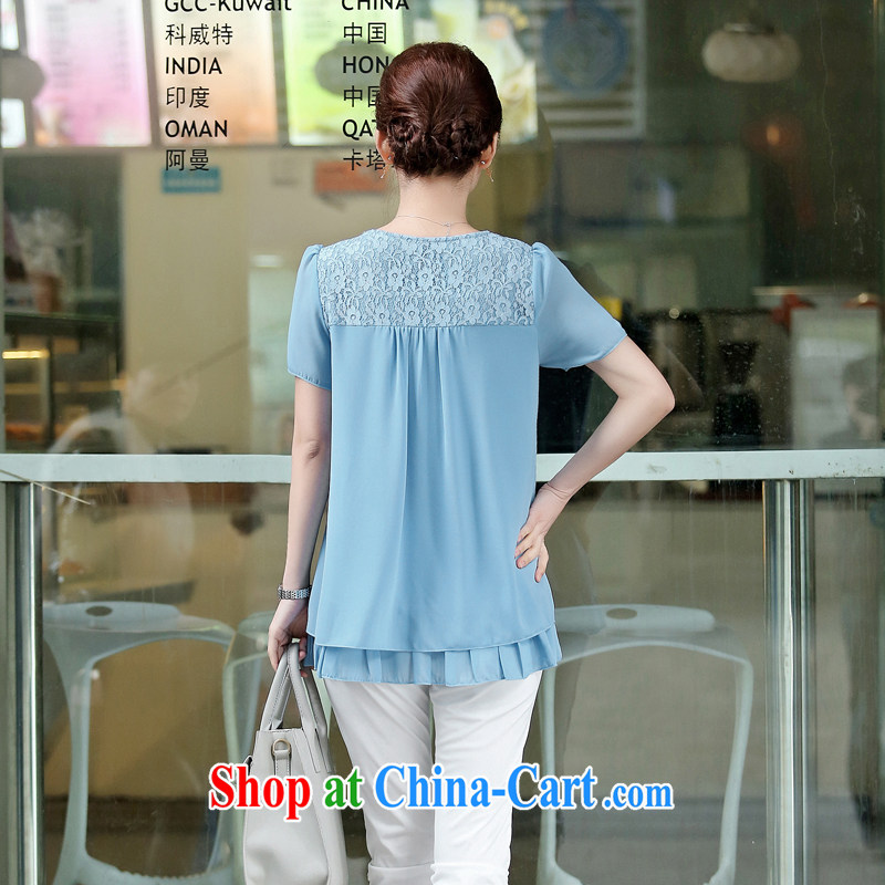 Arrogant season 2015 summer New T shirts middle-aged and older women wear short-sleeved lace T-shirt T-shirt middle-aged large, mother load snow woven shirts light blue XXXL, arrogant season (OMMECHE), online shopping