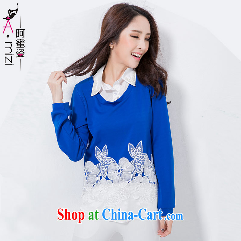 The honey beauty mm thick larger female new Korean style sweet false 2 staples Pearl lace flower shirt T-shirt woman 9216 BMW blue XXXXL recommendations 180 200 jack