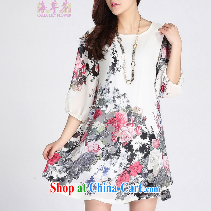 The line spend a lot code female Korean small fresh and decent water and ink stamp with 7 sub-cuff loose snow woven dresses and indeed intensify dresses 5 L 1 white ink stamp 3XL