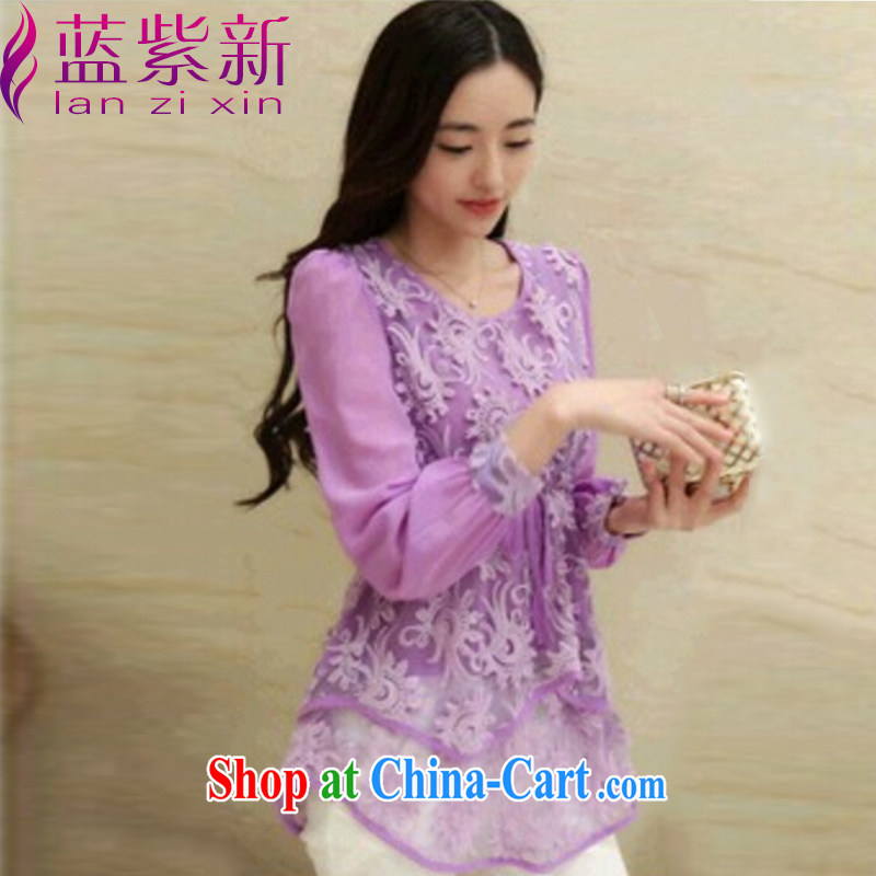 blue and purple new 2015 Korean female larger graphics thin beauty with solid short-sleeved lace snow woven shirts women 9021 purple XXL