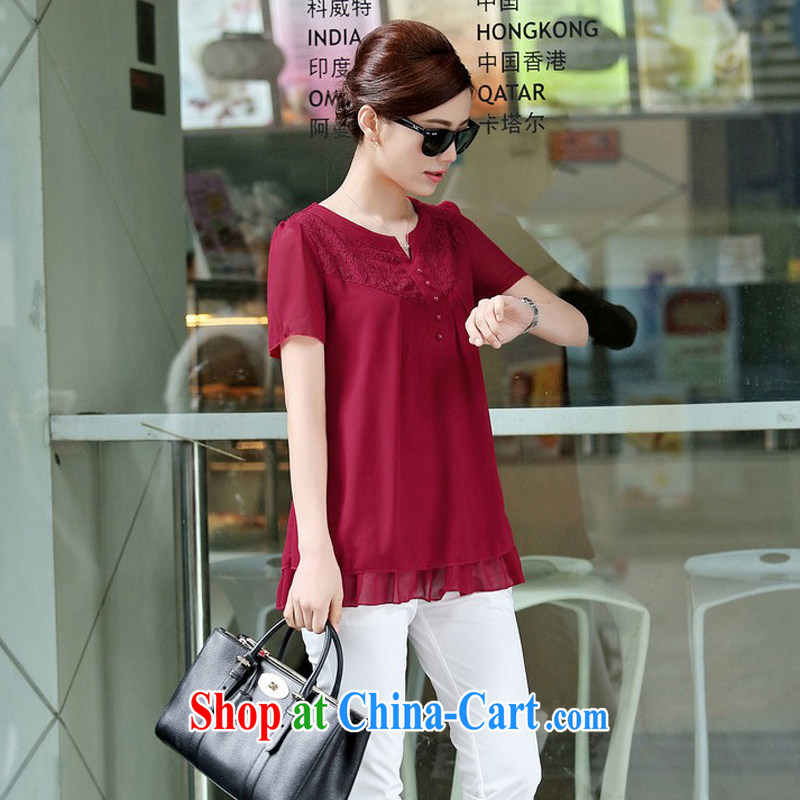 The Ju-Yee Nga larger female summer new Korean version thick MM graphics thin lace stitching double short-sleeved mother load snow woven shirts YZ 5283 light blue XXL, Yu Yee Nga, shopping on the Internet