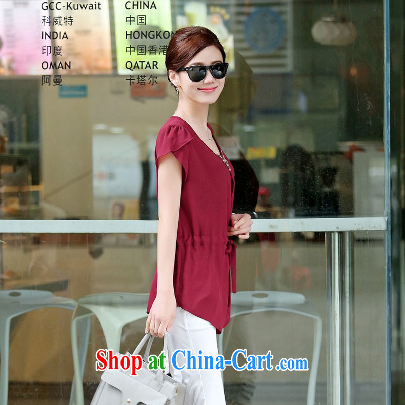 The Ju-Yee Nga 2015 summer new thick MM graphics thin large, female short-sleeved shirts, and indeed the snow woven shirts T-shirt YZ 5287 maroon XXL, Yu Yee Nga, shopping on the Internet