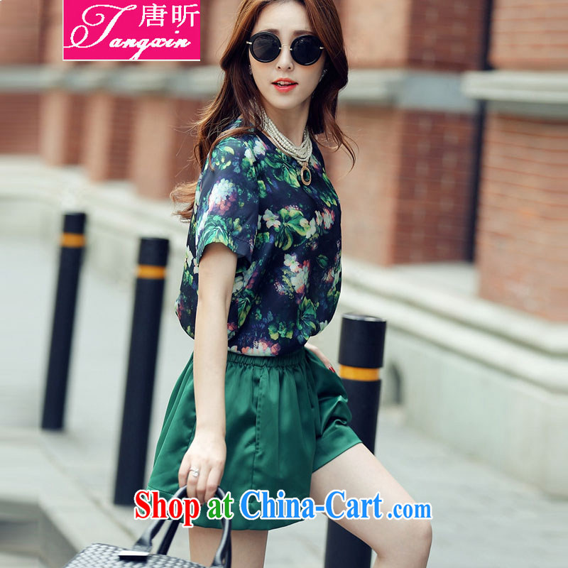 Tang year new summer, the United States and Europe, female loose Kit floral short-sleeve two-piece round-collar T-shirt Green_8092 XL 3 150 - 160 about Jack