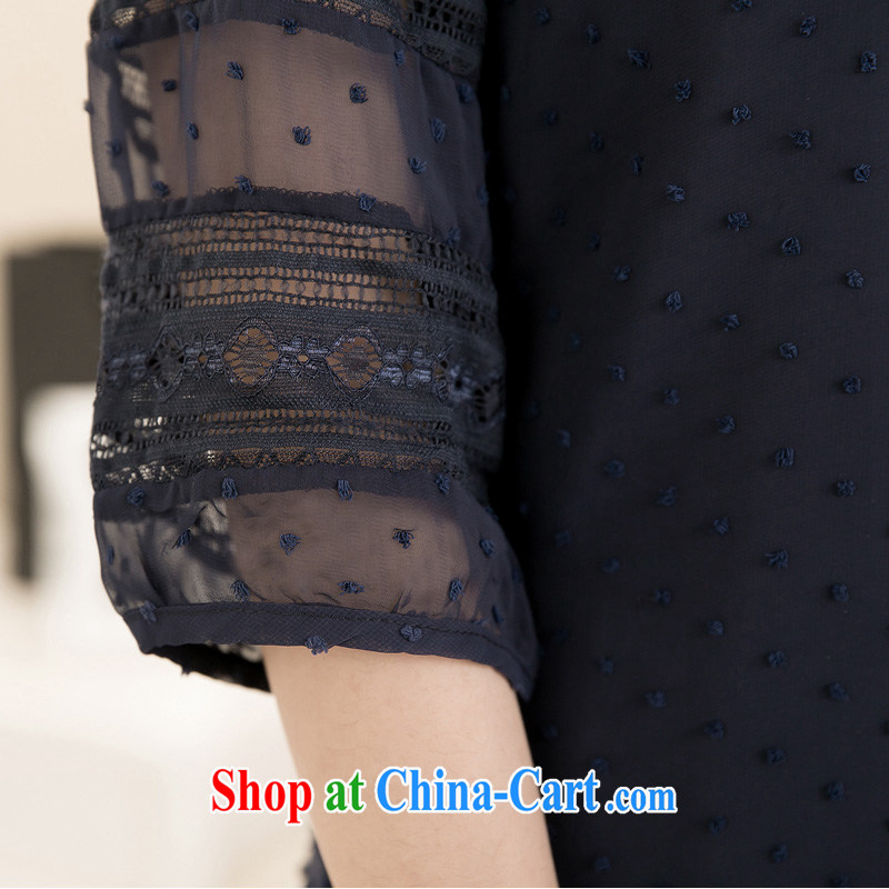 Huan Zhu Ge Ge Ge 2015 larger female summer new Ethnic Wind thick MM cultivating graphics thin biological air cuff lace stitching T-shirt snow woven shirts 1505 BMW blue 3 XL, giggling auspicious, and shopping on the Internet