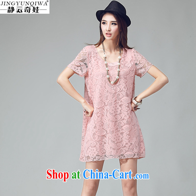 The Cloud, the Fuwa, female 2015 summer new short-sleeved lace thick mm video thin Korean dress 32 pink XXL