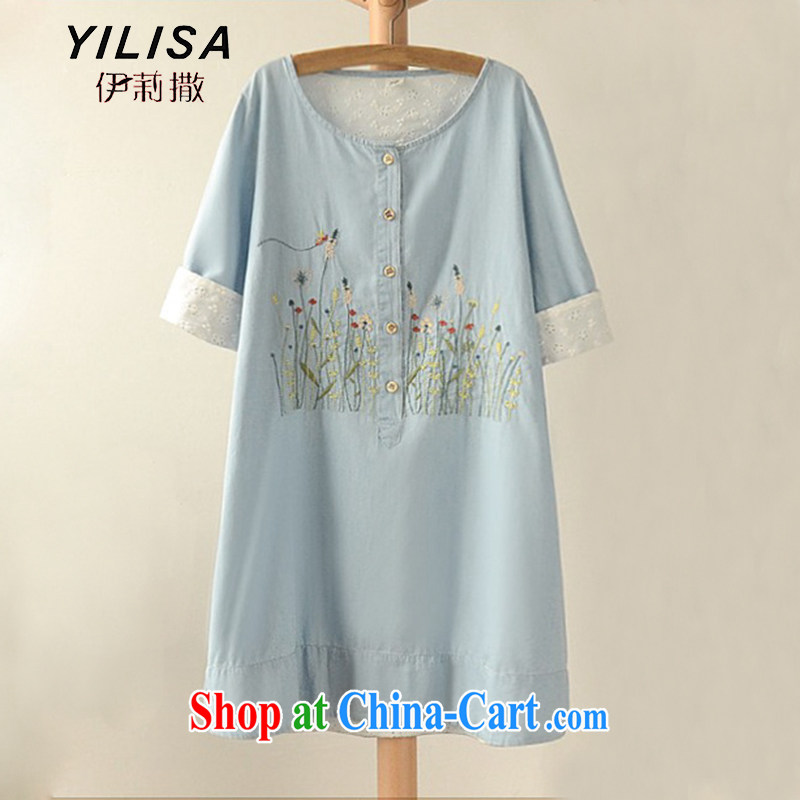 2015 YILISA new Korean version the code female summer wear thick MM sum female small fresh flower embroidery round-collar cowboy pregnant women dress 1986 M picture color XXXL
