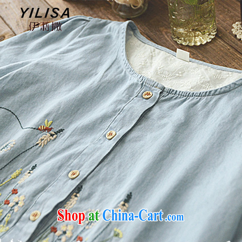 2015 YILISA new Korean version of the greater code female summer thick MM sum female small fresh flower embroidery round-collar cowboy pregnant women dress 1986 M picture color XXXL, Ms. sub-Saharan (YILISA), online shopping