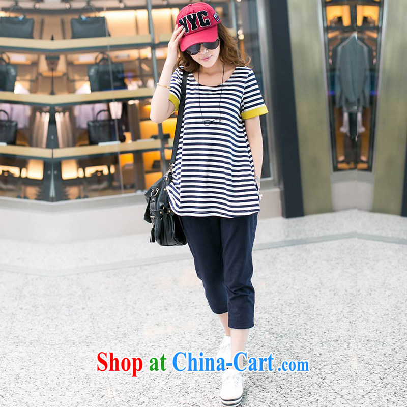 LRWY thick MM summer small fresh and the fat and loose short-sleeve striped shirt T casual two-piece 7 pants large, the aging campaign kit pregnant women royal blue XXXXL, lian Ren wu yu, shopping on the Internet