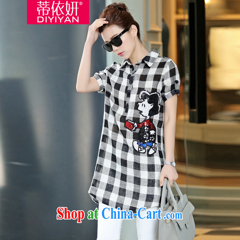 Mr. according to her the code women 2015 new summer fashion lapel, long, black and white checkered cotton the thick mm shirt female D 565 black-and-white, 3 XL