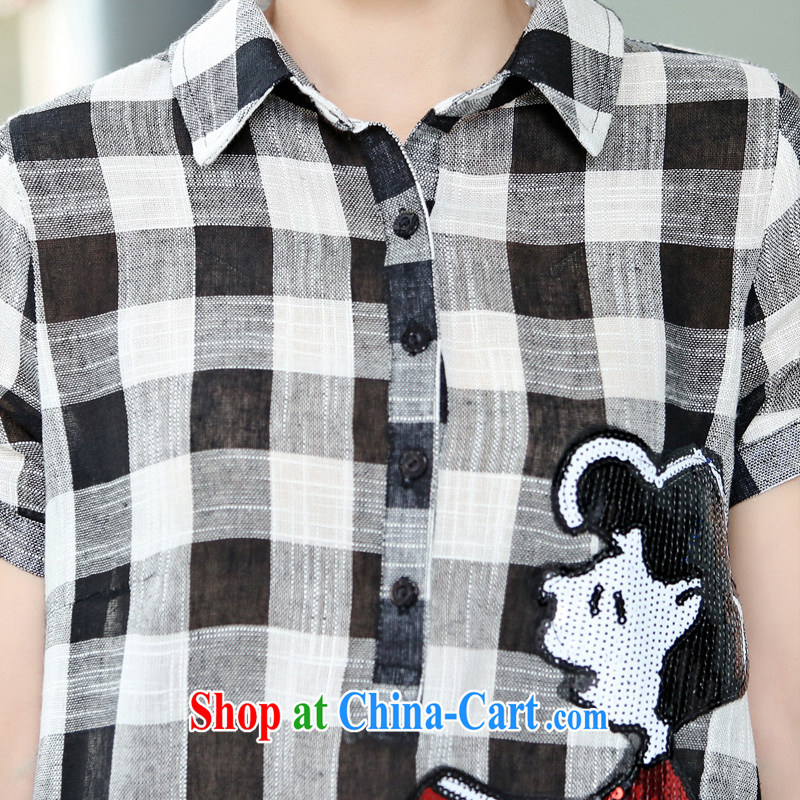 In accordance with his large figure skating, women 2015 new summer fashion lapel, long, black and white checkered cotton the thick mm shirt female D 565 black-and-white, 3 XL, according to her, and on-line shopping