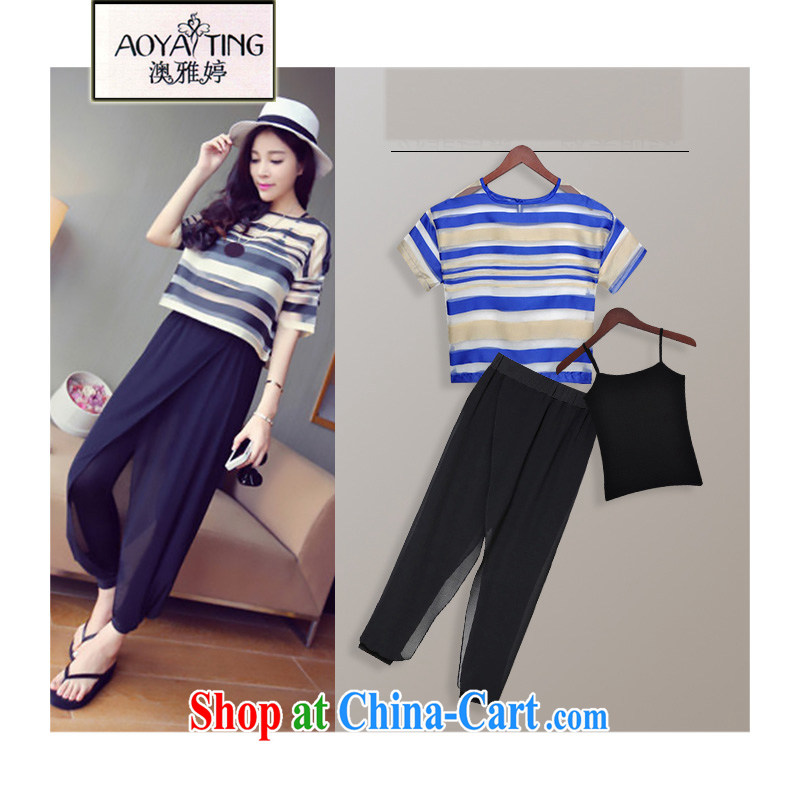 o Ya-ting 2015 New, and indeed increase, female fat MM Summer Snow woven shirts, 7 pants Kit female dark blue stripes two piece XL recommends that you 115 - 128 jack