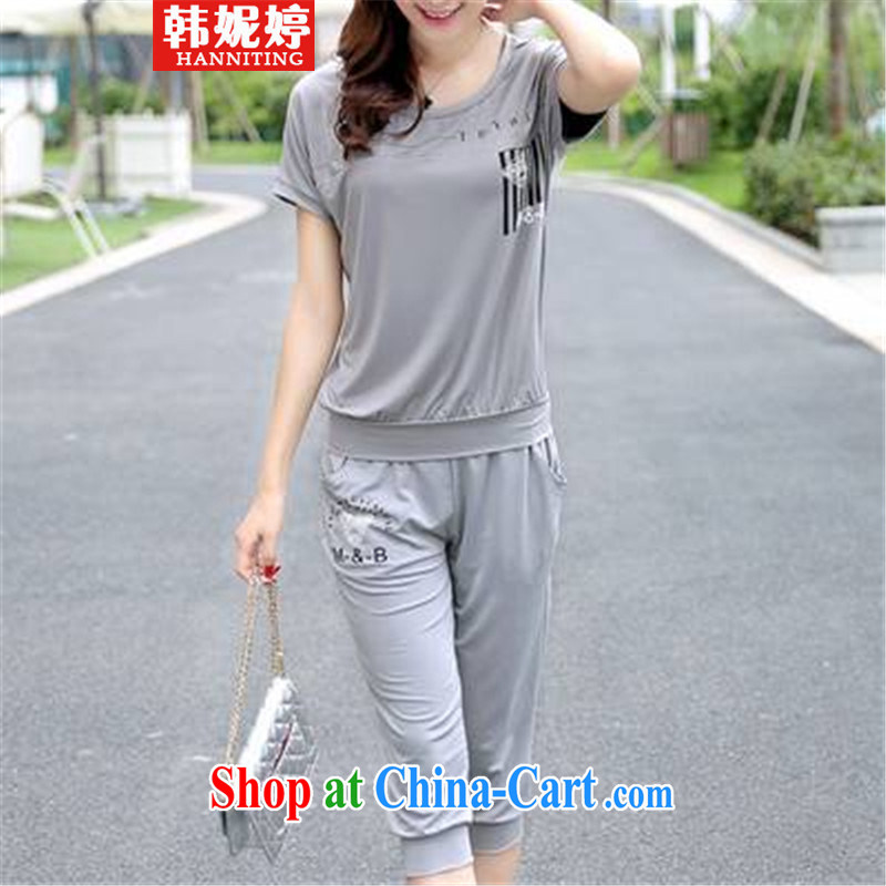 korea Connie Ting 2015 thick MM Sport Kits larger female summer leisure short-sleeved Korean two-piece gray 3 XL weight 145 - 165 jack