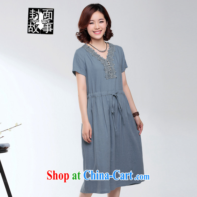 Cover Story 2015 spring and summer new, large, mom with older linen dresses the waist is not singling out big and comfortable dresses denim blue XXXL, the cover story (cover story), online shopping
