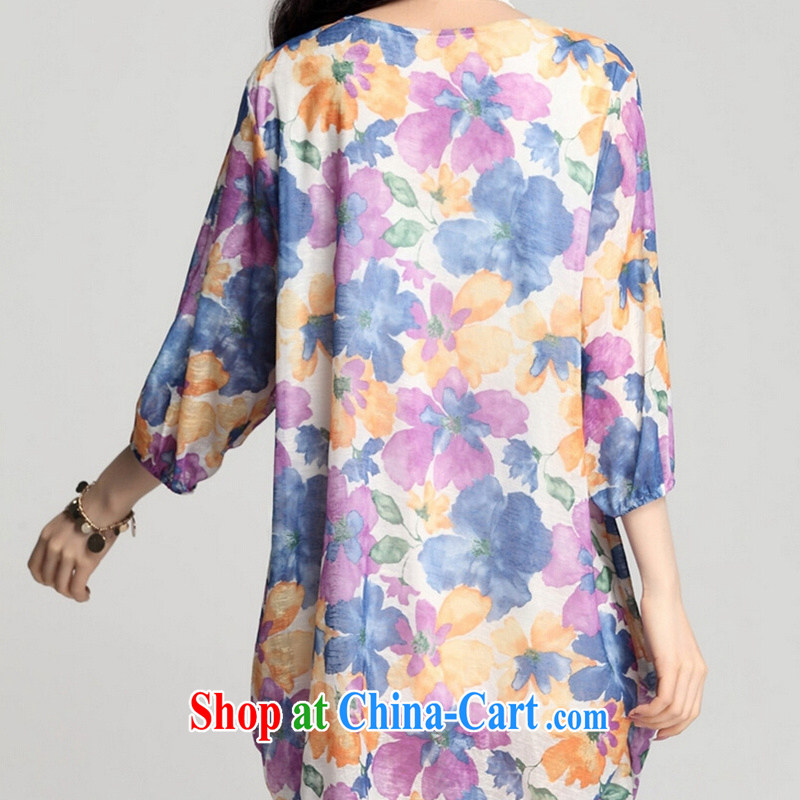 tea wafted Yu 2015 spring and summer with new women's clothing breathable large flower stamp Loose Cuff lanterns dresses 5 cuff the code long skirt blue XXXL, tea wafted feathers, and shopping on the Internet