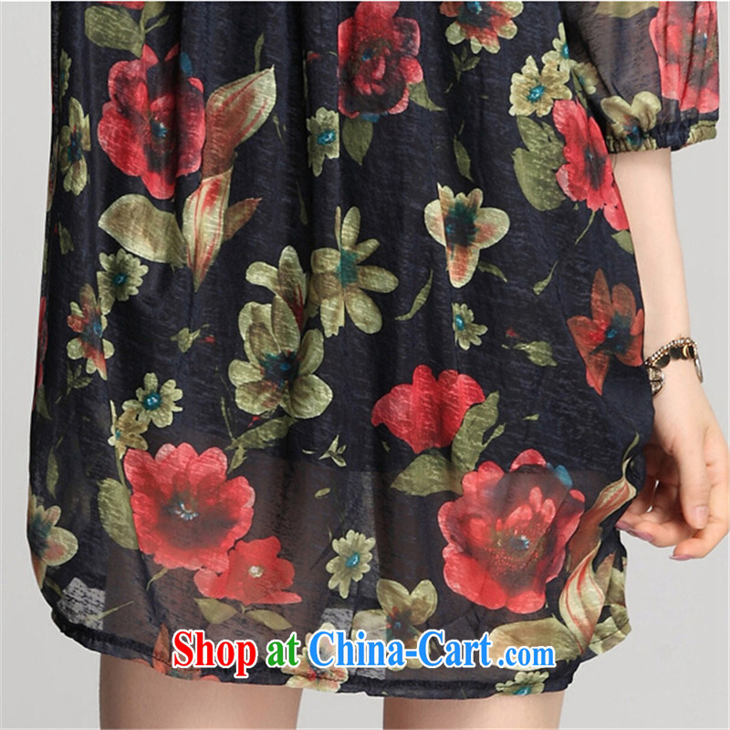 tea wafted Yu 2015 spring and summer with new women's clothing breathable large flower stamp Loose Cuff lanterns dresses 5 cuff the code long skirt blue XXXL, tea wafted feathers, and shopping on the Internet
