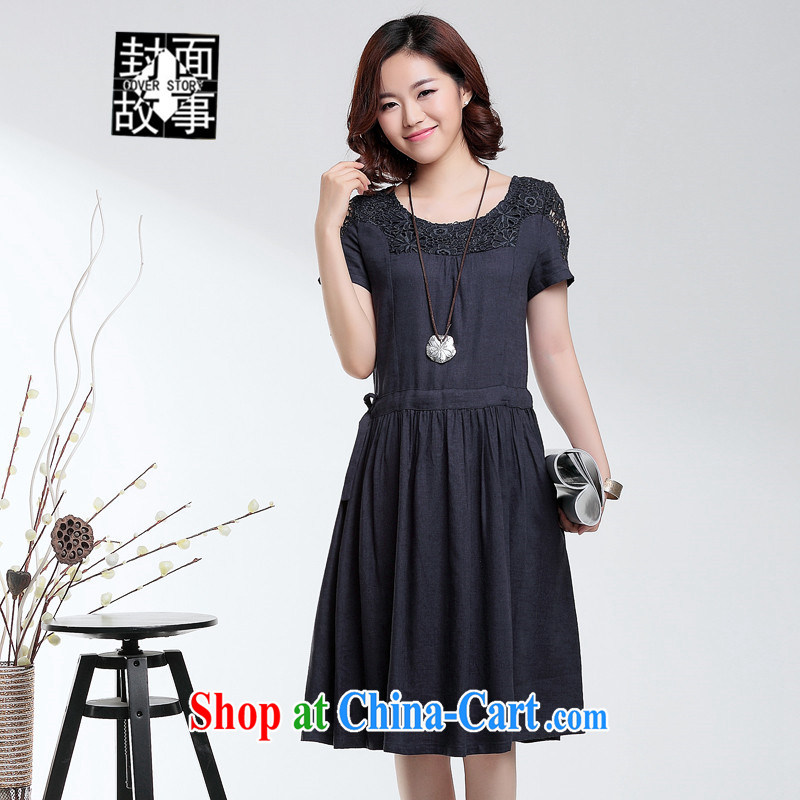 Cover Story 2015 spring and summer new short-sleeved linen material with her mother was older, long dress code the dress dress Navy XXL