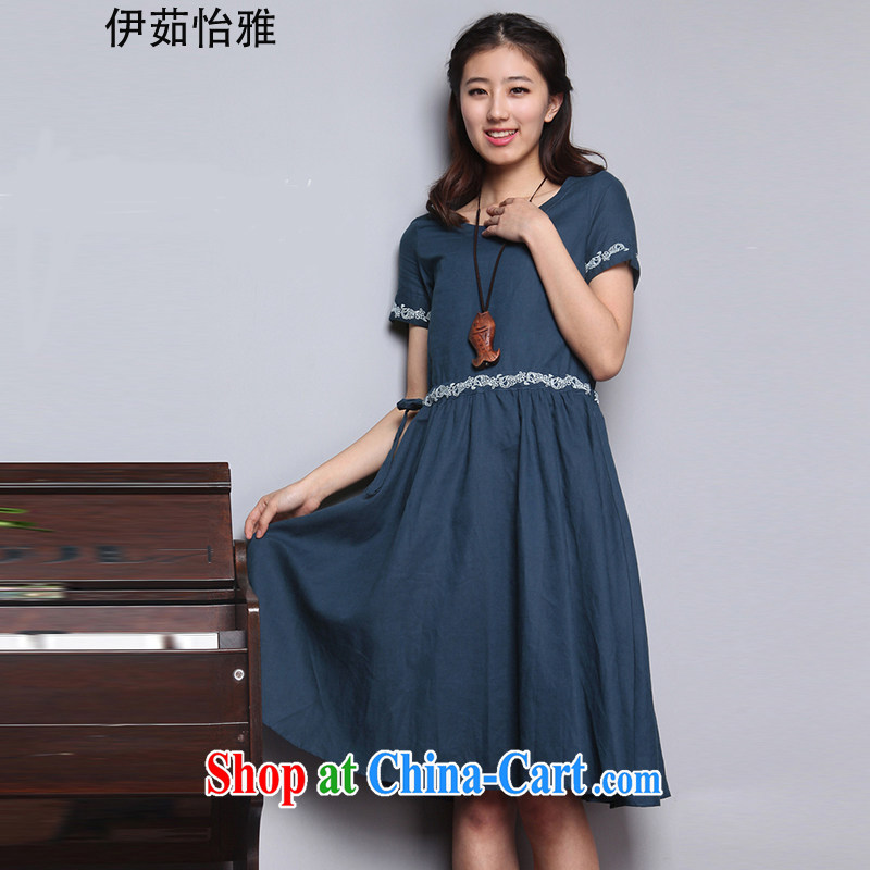 The Ju-Yee Nga lace retro simplicity and thick sister Yau Ma Tei cotton short-sleeved summer maximum code female dresses YQ 9586 Tibetan blue XS