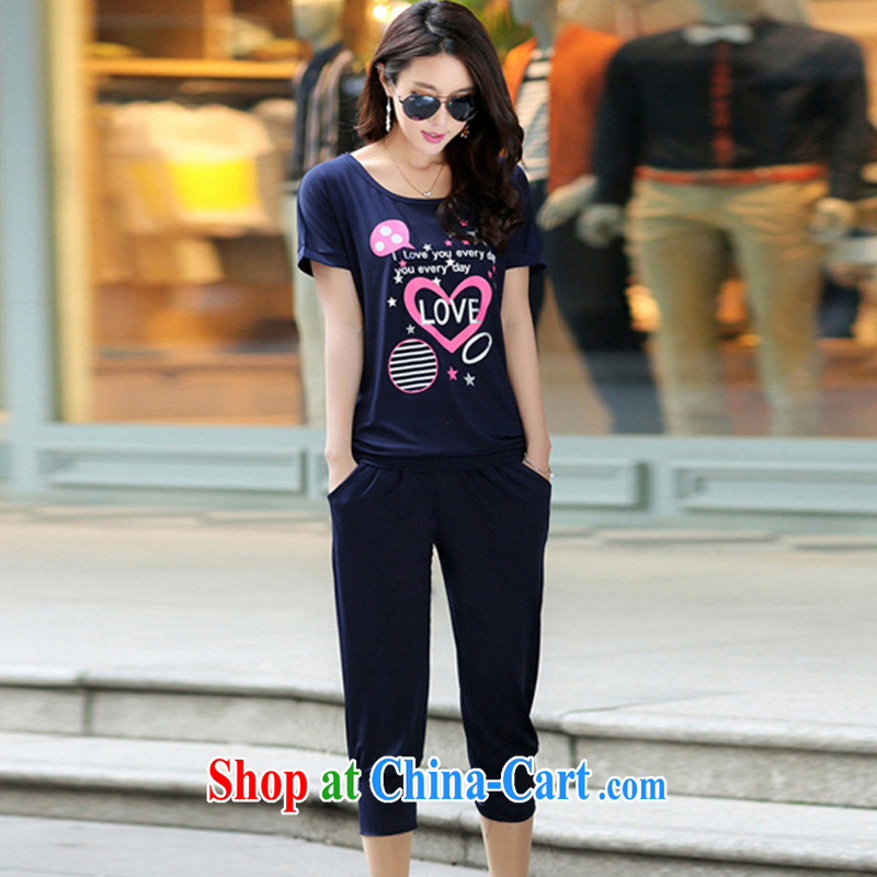 According to perfect 2015 summer new Korean version with round collar T-shirts 7 pants large, short-sleeved leisure Package movement Women Y 2178 royal blue 4 XL, according to perfect (Yibofei), shopping on the Internet