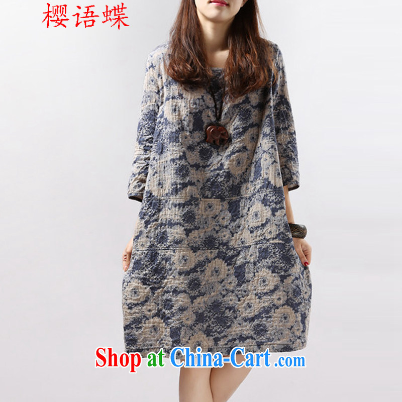 Cherry, butterfly summer 2015 new Korean version of the greater code female ethnic wind ripstop taffeta overlay stamp with 7 sub-cuff loose cotton dress blue XXL