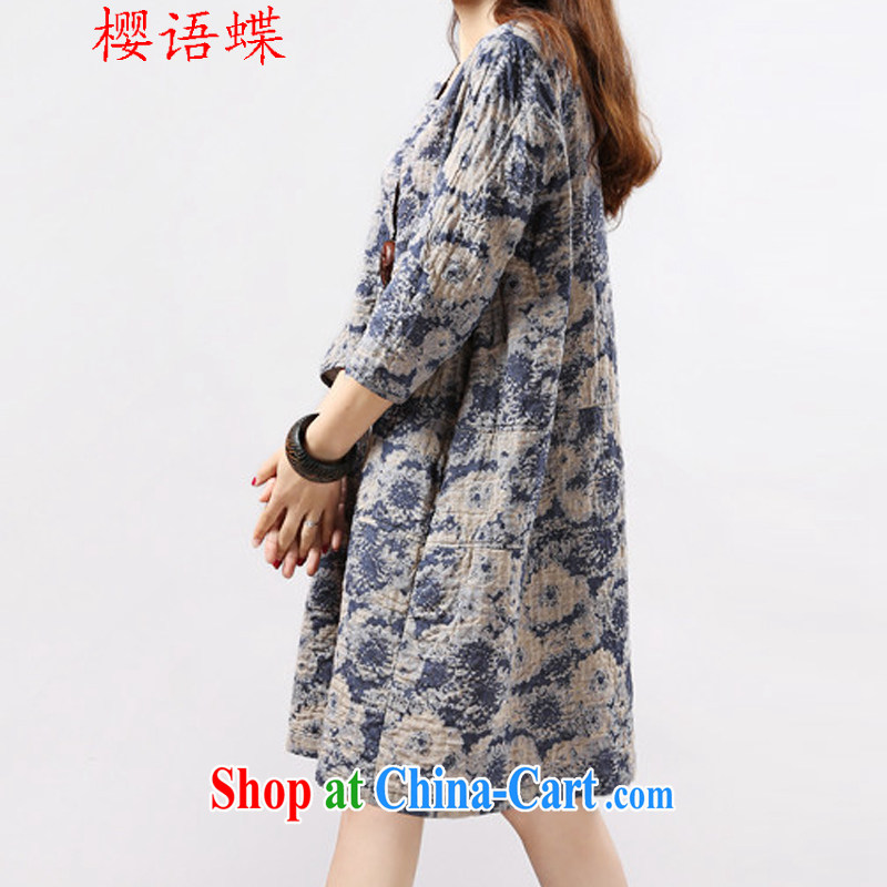 Cherry, butterfly summer 2015 new Korean version the code female ethnic wind ripstop taffeta overlay stamp with 7 sub-cuff loose cotton dress blue XXL, cherry, Butterfly (yintalkabutterfly), shopping on the Internet