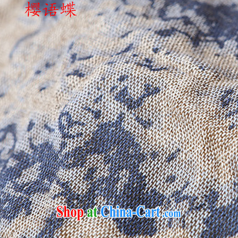 Cherry, butterfly summer 2015 new Korean version the code female ethnic wind ripstop taffeta overlay stamp with 7 sub-cuff loose cotton dress blue XXL, cherry, Butterfly (yintalkabutterfly), shopping on the Internet