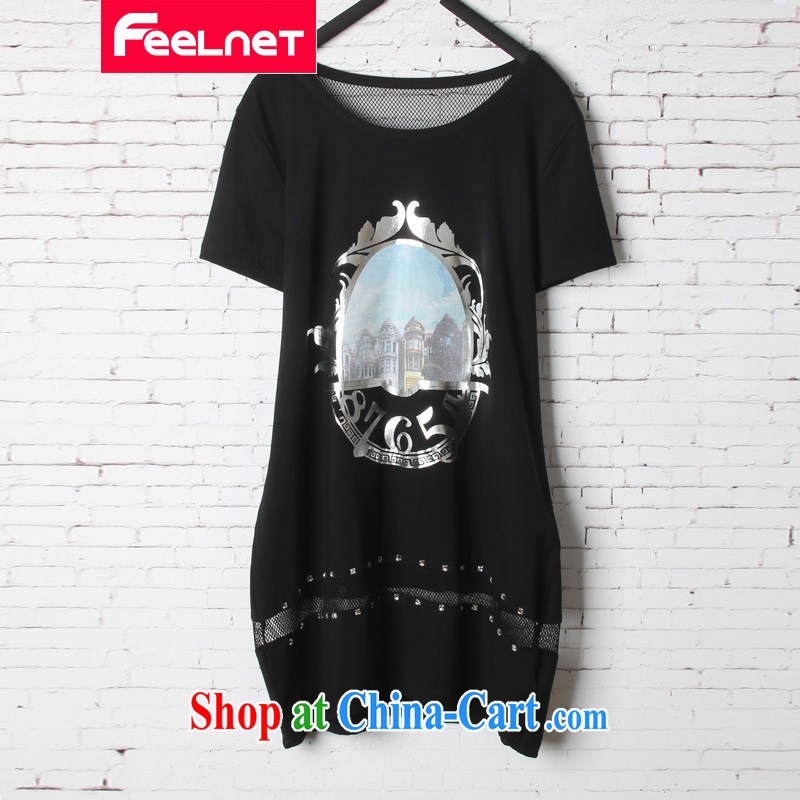 Feelnet 2015 summer new Korean version the code girls decorated in thick mm video thin, long, short-sleeved shirt T 1562 black XL code_recommendations 45 - 70 kg