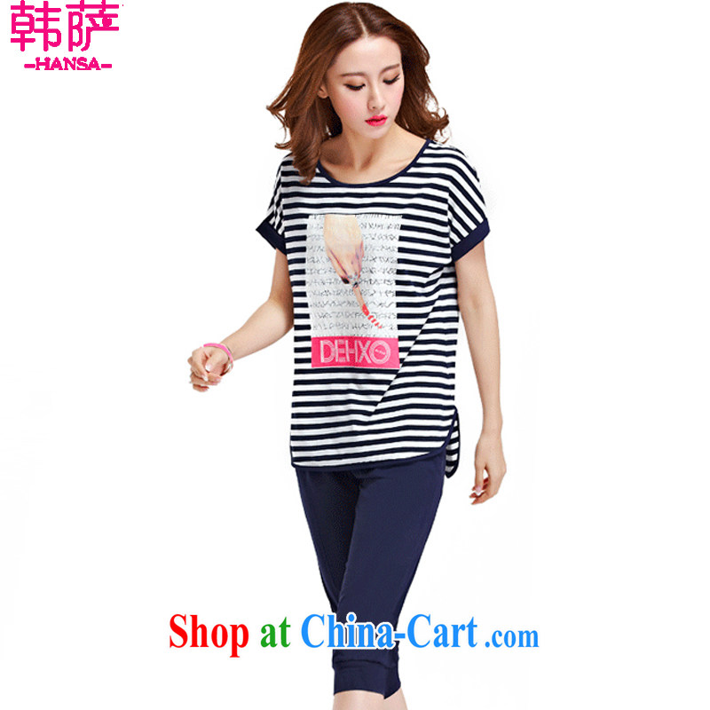 Won the 2015 Korean version of the new, summer streaks, long load loose thick MM larger round collar Sports Package T pension female C 360 Po blue XXL, Korea (Han Sa), online shopping