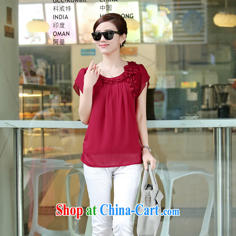 2015 spring new larger girl with a 30 - 40-year-old mother with long-sleeved snow woven shirts female middle-aged T shirt lace T-shirt maroon L