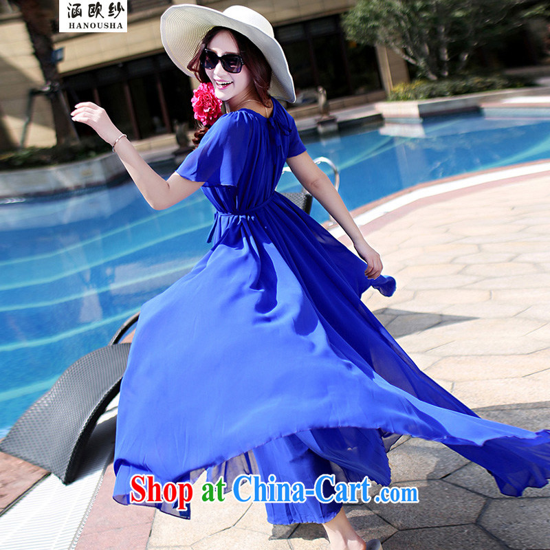 COVERED BY THE 2015 summer new, larger female loose long, short-sleeved snow woven dresses bohemian beach resort style dress royal blue XL, covering the yarn (Hanousha), online shopping