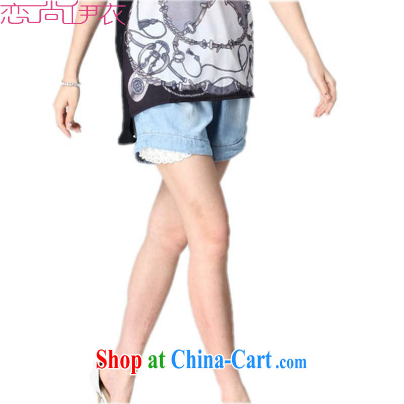 The package-XL new summer wear jeans Elastic waist, waist lace hot pants Leisure Centers 100 mm ground shorts children with the light blue tie Elasticated waist