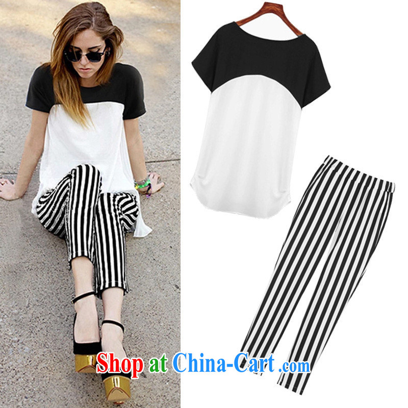 The European site summer 2015 new larger European thick MM loose video thin cotton T  + streaks 9 pants female package picture color XXXXXL