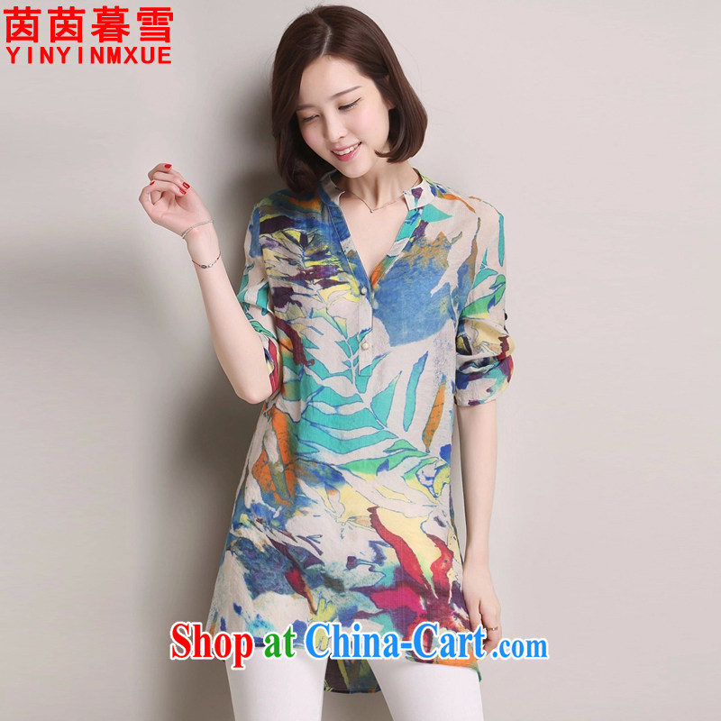 Athena Chu Yan and snow 2015 summer new, larger women in relaxed long T-shirt cotton Ma shirt T 1122 blue XXXL