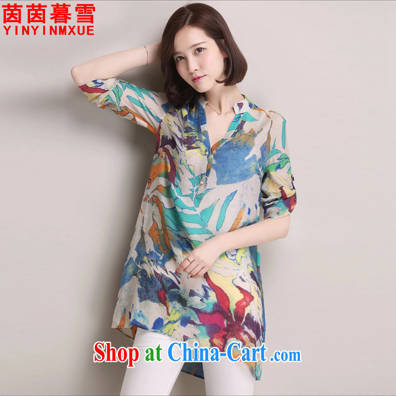 Athena Chu Yan and snow 2015 summer new, larger women in relaxed, long T-shirt cotton Ma shirt T 1122 blue XXXL, Yan Yan, and Snow (yinyinmuxue), online shopping