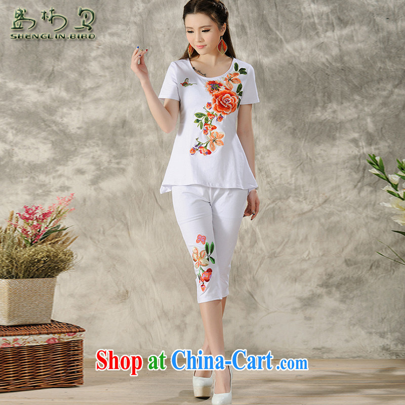 Spring and Summer new Ethnic Wind embroidery Embroidery is not rules, with short-sleeve larger female T shirt + embroidery solid Trouser press kit female sung lim bird 2015 the package mail white M