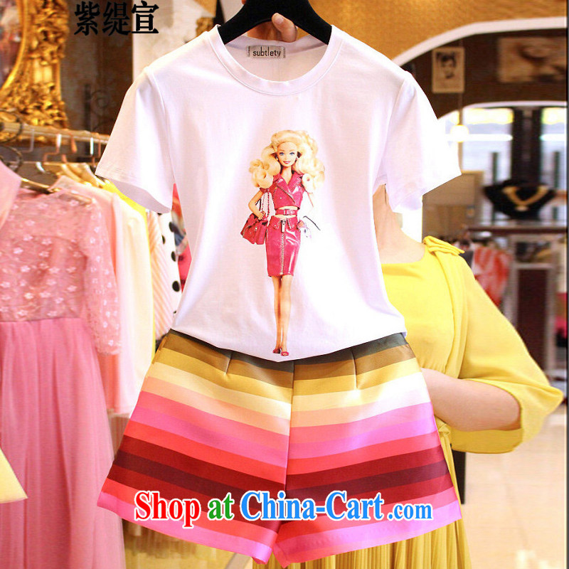 First and foremost economic propaganda Korean summer new two-piece and indeed XL female thick mm cartoon short-sleeved T shirt T-shirt + Rainbow striped short pants 7249 _3 XL 150 - 160 Jack left and right