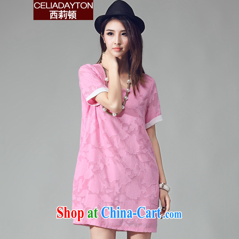 Szili and Macedonia, women in Europe and America 2015 new thick mm summer the fat loose, long, snow-woven shirt short-sleeved thick sister Joe the yarn jacquard-skirt pink XXL