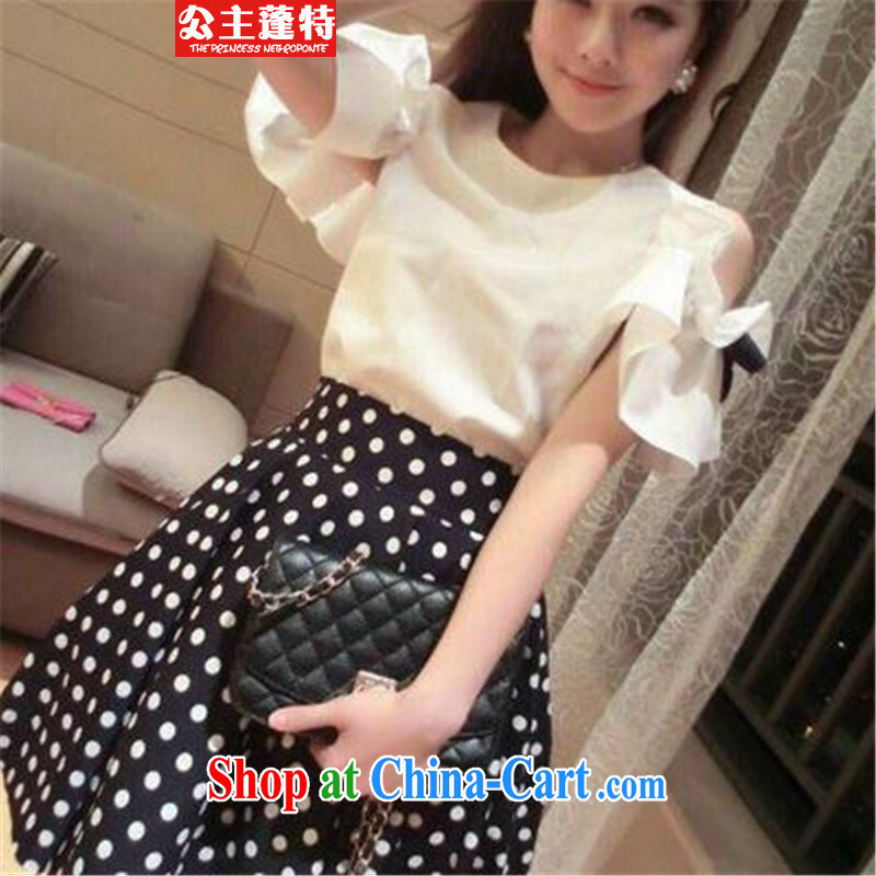 Princess Ponte 2015 summer flouncing Bow Tie bare shoulders T-shirt wave point body skirt skirt two piece set with female white + Black M