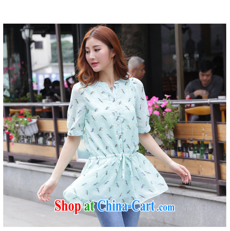 MissDonut 2015 summer New, and indeed increase, fat, female Korean mm thick beauty video skinny bird stamp, long, snow-woven shirts, large blue code 5 XL pictures, price, brand platters! Elections are good character, the national distribution, so why buy now enjoy more preferential! Health