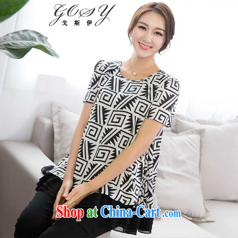 Goss _GOSY_ 2015 summer new, larger female geometric stamp snow woven shirts black 4XL _suitable for weight see for details_.