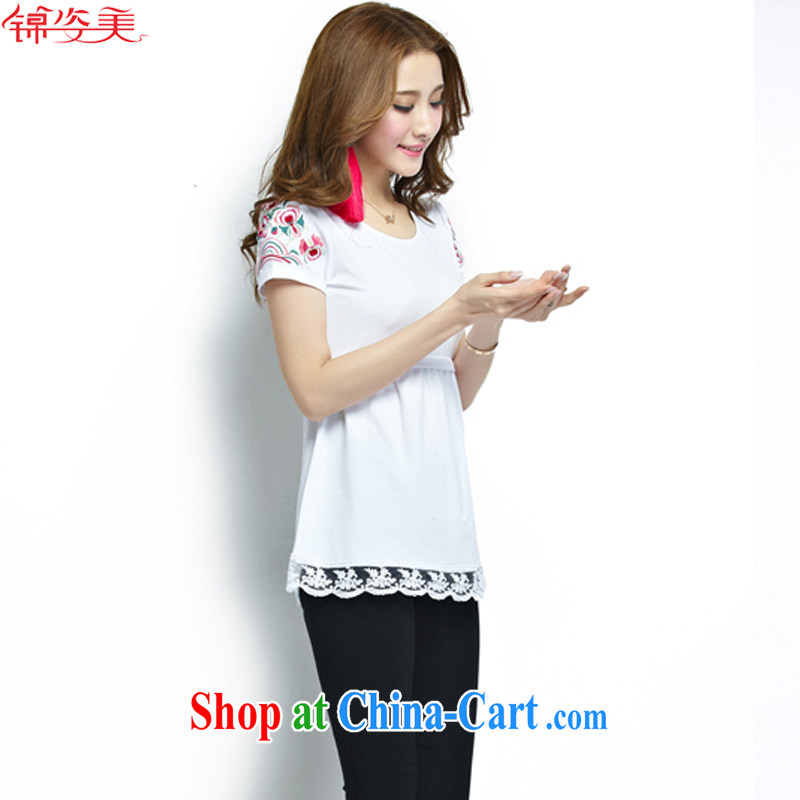 kam beauty new cultivating high-waist lace hem stitching round-collar embroidered short sleeve girls T-shirt M 3050 white XXXXL, Kam beauty (JZM), online shopping
