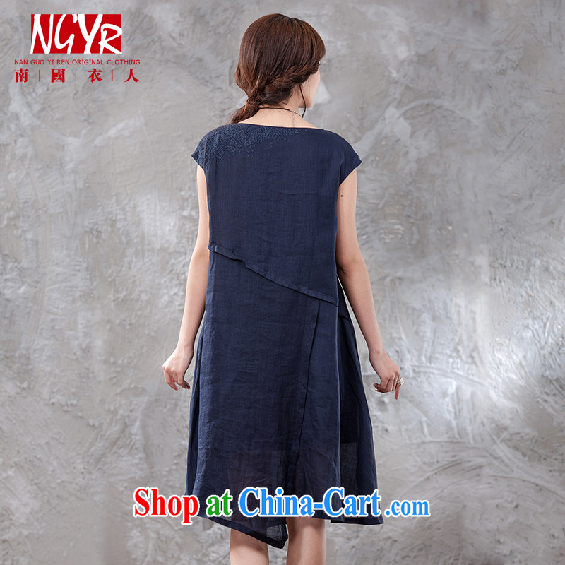 Xiao Nan Guo Yi, summer wood to ensure maximum code ramie ladies embroidery, long skirt package shoulder cuff dress double - 2-color blue M, Xiao Nan Guo Yi People, shopping on the Internet
