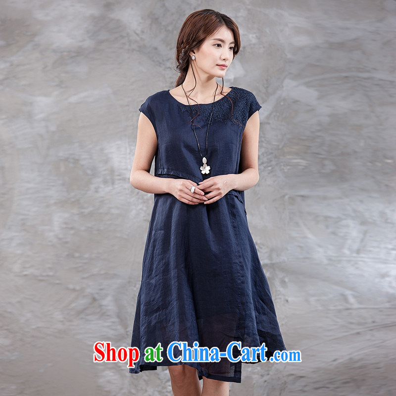 Xiao Nan Guo Yi, summer wood to ensure maximum code ramie ladies embroidery, long skirt package shoulder cuff dress double - 2-color blue M, Xiao Nan Guo Yi People, shopping on the Internet
