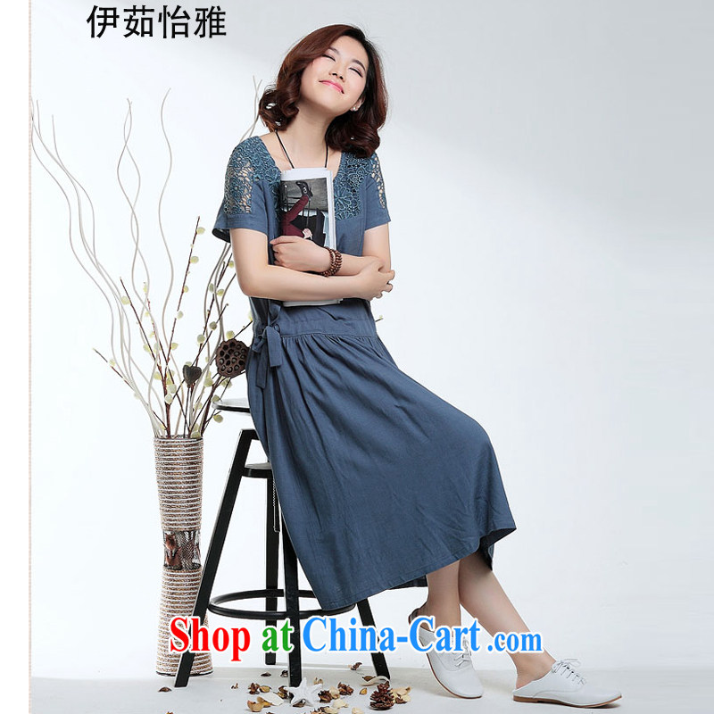 The Ju-Yee Nga 2015 summer lace stitching short-sleeved, long, large, female cotton the dresses YY 15,281 blue XXXL
