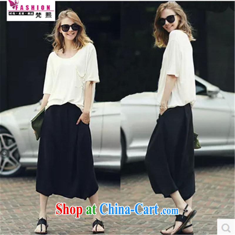 Van Gogh Hee, female summer new loose video thin T shirt + Harlan pants and skirts pants two-piece thick sister in Europe and America, the female summer new 200 jack can be seen wearing a white T-shirt + black pants XXXL