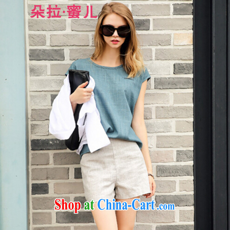 Dora, honey child 2015 summer new European and American wind loose the code linen casual round-collar T shirts high-waist graphics thin shorts Kit 4055348 Peacock Blue T + gray shorts XXL, Dora, honey child, shopping on the Internet