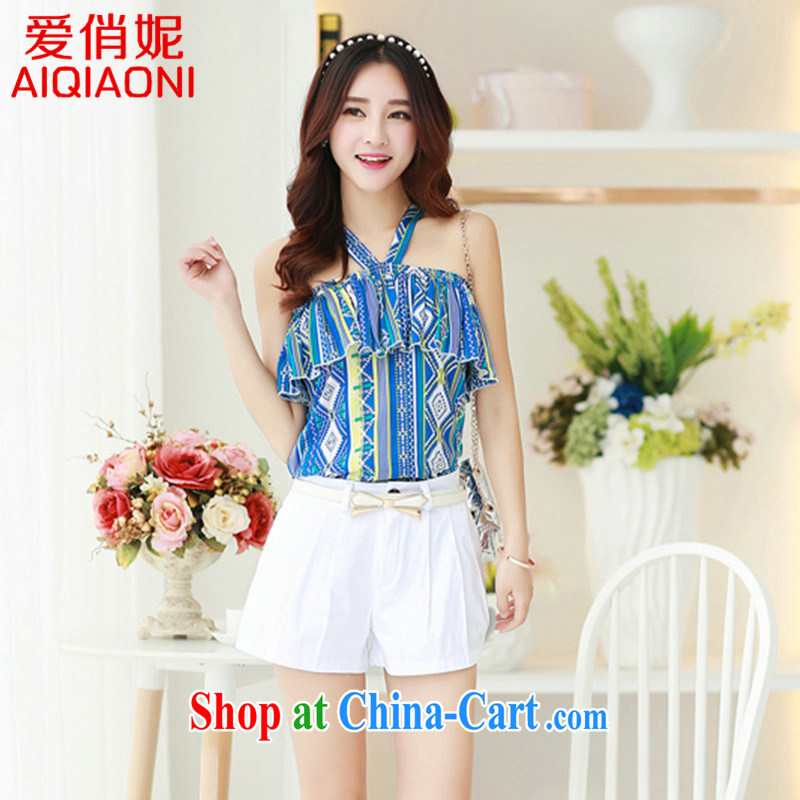 Love, Connie _AIQIAONI_ summer 2015 new Korean trendy code package is also Graphics thin Mount Snow also woven shirts loose shorts two piece blue M