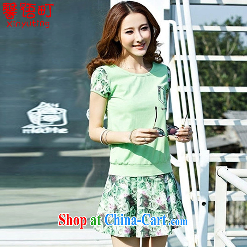 Xin, Japanese Foreign Minister Nobutaka Machimura summer 2015 new larger female Korean short-sleeved T shirts pants and skirts leisure suite 3125 green XXL