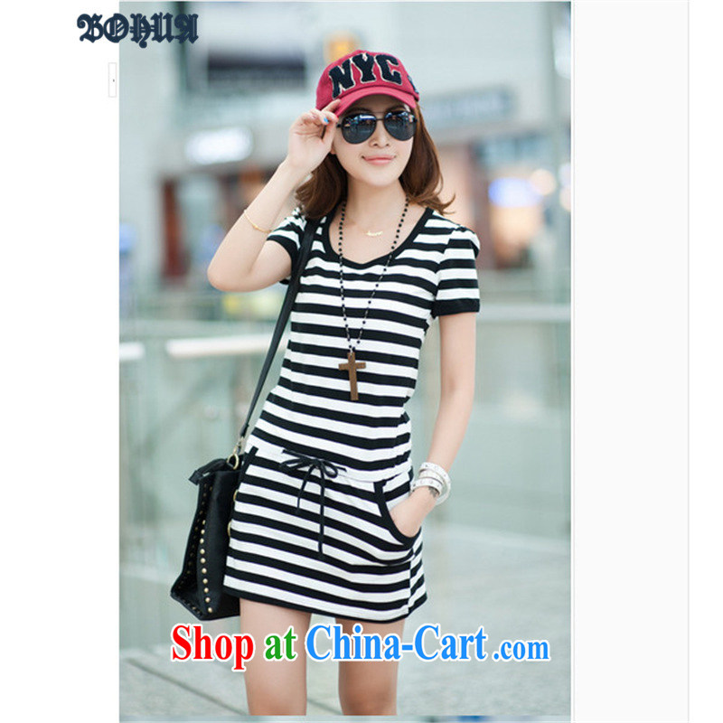 Hua 2015 new thick MM larger sport and leisure stripes short-sleeve cotton beauty package and dresses red code L, Hua, and shopping on the Internet
