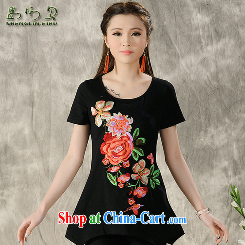 Spring and Summer new Ethnic Wind fine embroidery embroidery, long is not under the rules before the code ladies short-sleeved shirt T sung lim bird 2015 the package mail black 3 XL